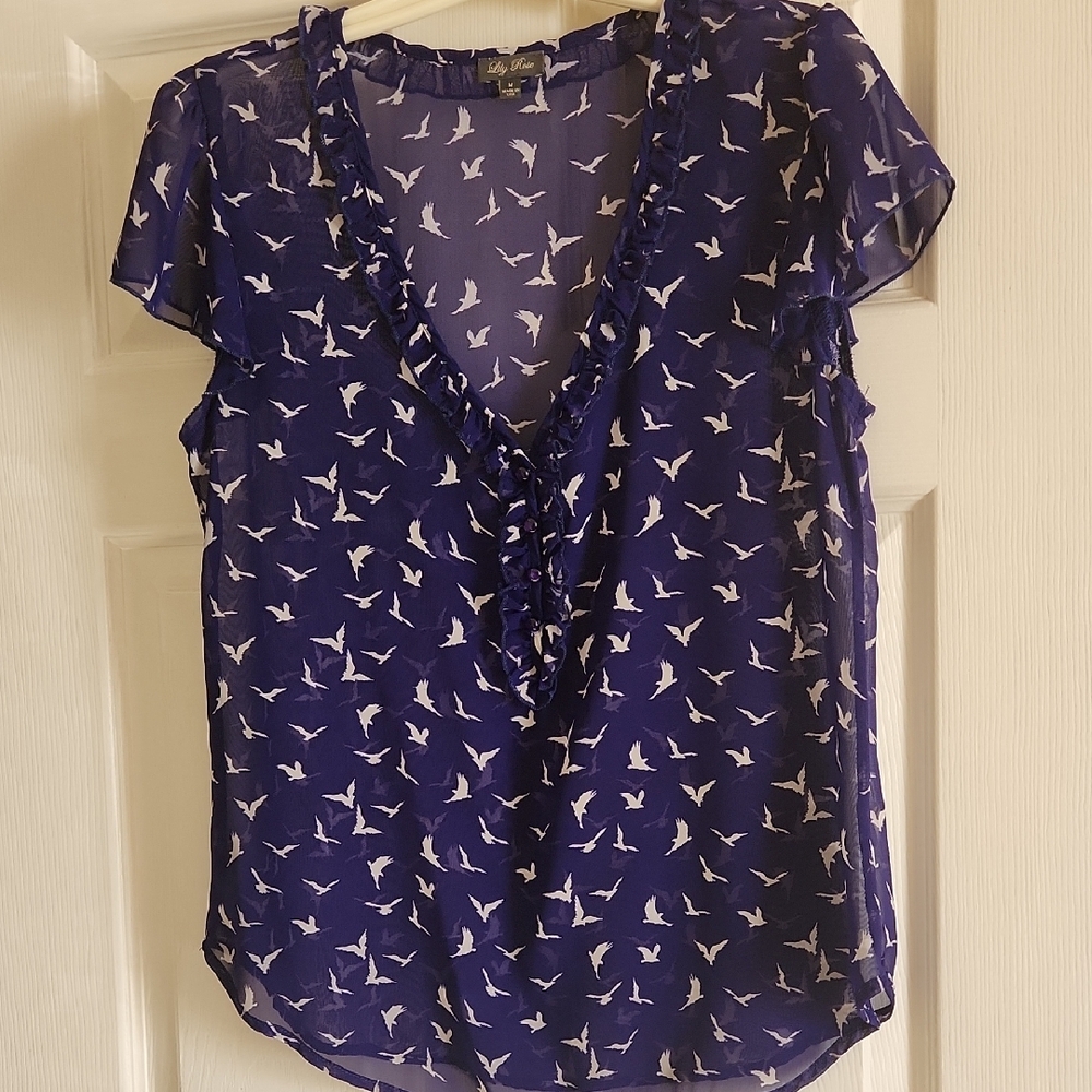 Lily Rose Purple Sheer Bird Print Blouse